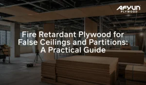 Fire retardant plywood used for false ceilings and wall partitions in a modern commercial interior.